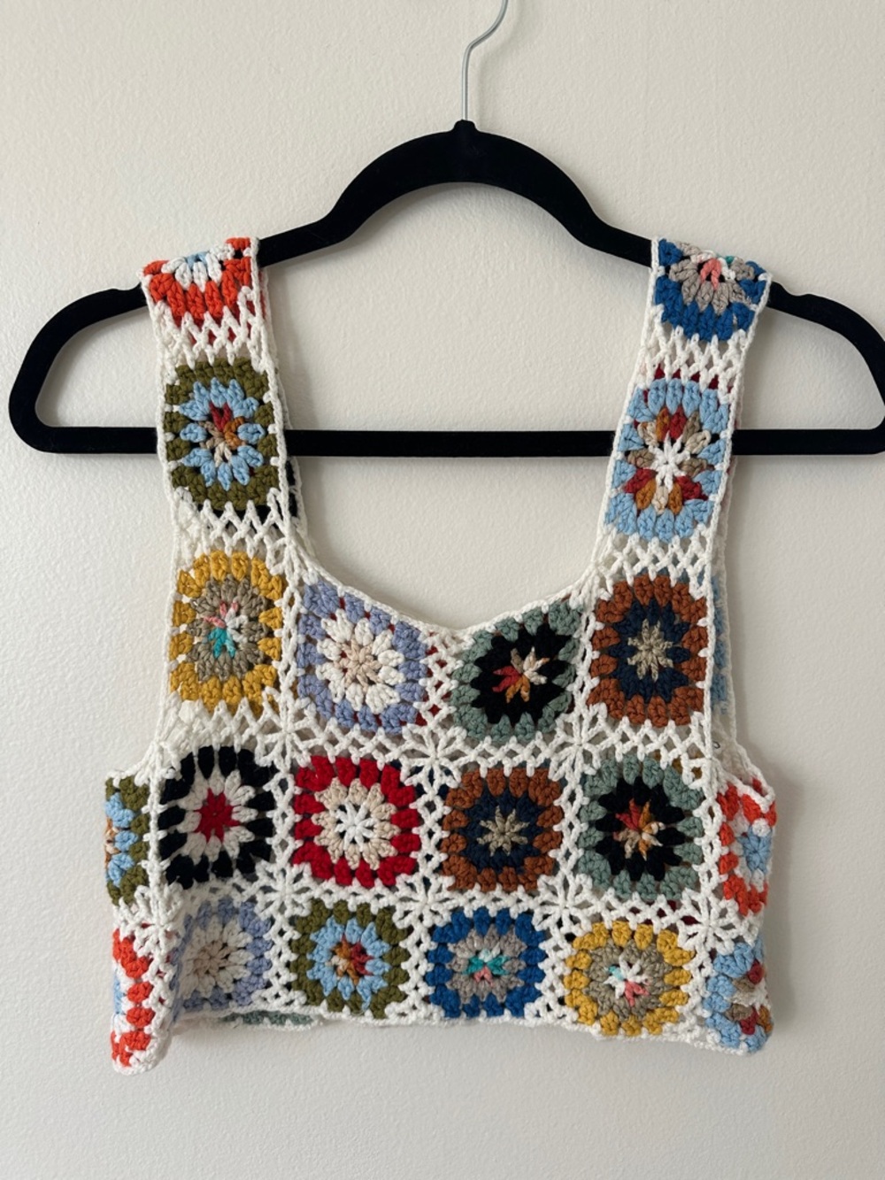 Crochet Granny Square Crop Top - White Trim with Multicolor Squares